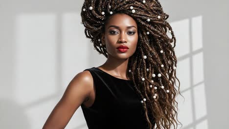 stunning portrait of a model with elaborate braided hair and elegant makeup, capturing the beauty and grace in soft natural light