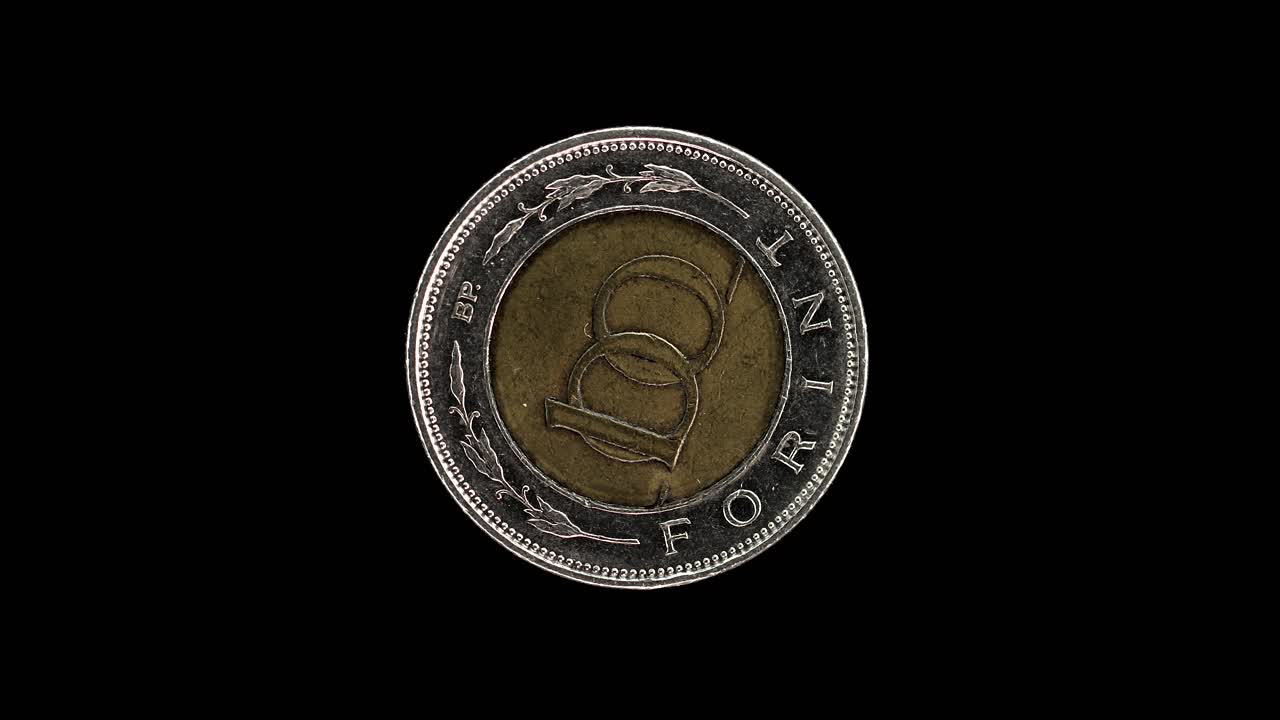 Hungary 100 forint 1996 reverse with denomination in wreath macro loop on black background