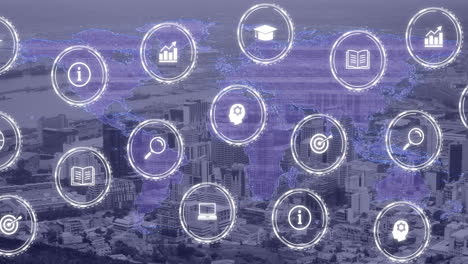 animation of icons and data processing over cityscape