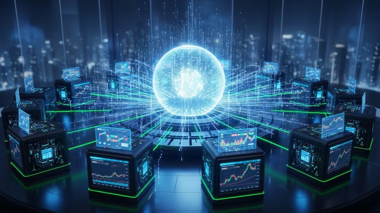 A Captivating Visual Representation of Data Flow and Analytics in a High-Tech Command Center with Advanced Interactive Displays Around a Central Core