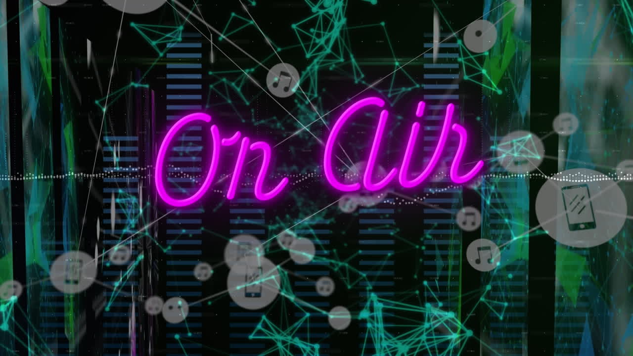 검은색 배경에 연결된 네트워크와 함께 움직이는 열 위의 오프 에어 텍스트의 애니메이션.