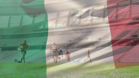 animation of flag of italy over diverse rugby players at stadium