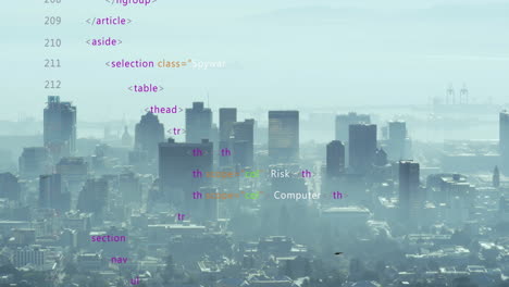 animación del procesamiento de datos frente a una vista aérea del paisaje urbano