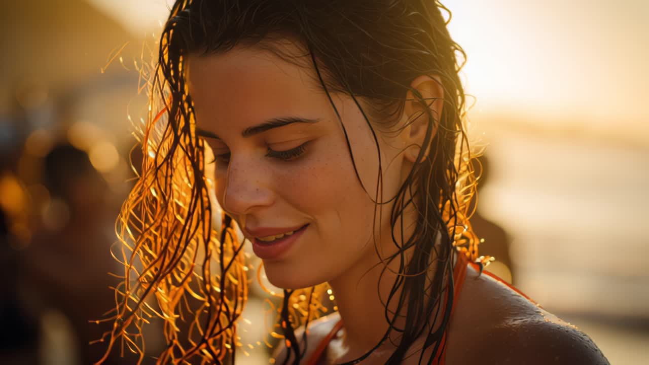 Cinematic close-up of a young woman with wet hair smiling softly at golden hour by the sea, summer vacation lifestyle concept with warm backlight and bokeh