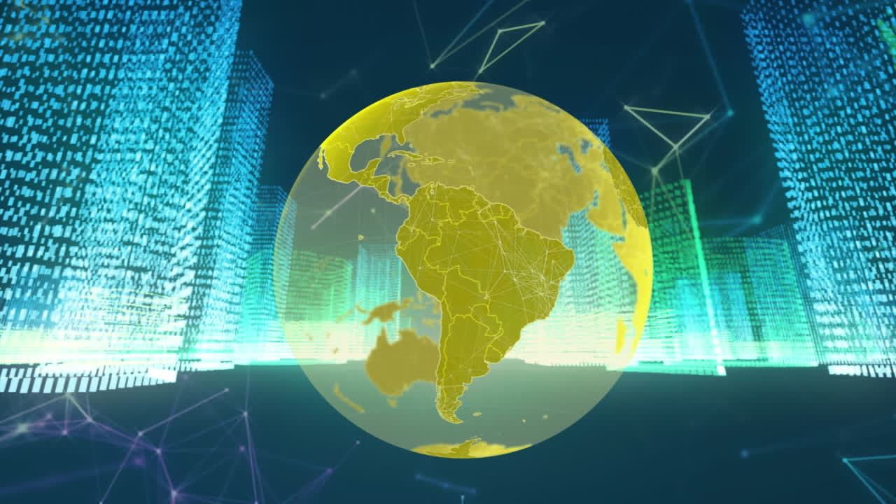 animación de la red de conexiones y globo sobre la ciudad