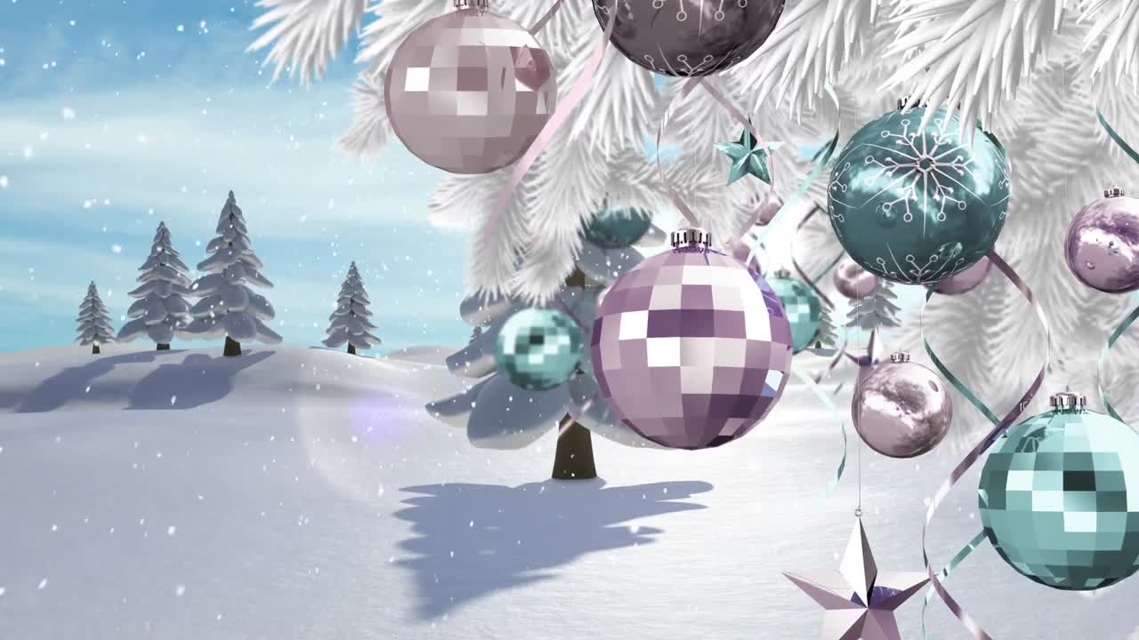 animación del árbol de navidad sobre un paisaje de invierno