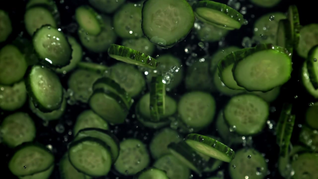 Fatias de Pepino Fresco Caindo com Respingos de Água em Câmera Lenta