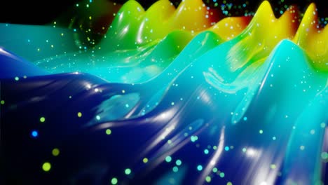 abstract 3d surface with beautiful waves, luminous sparkles and bright color gradient, colors of rainbow. waves run on very shiny, glossy surface with glow glitter. 4k looped animation