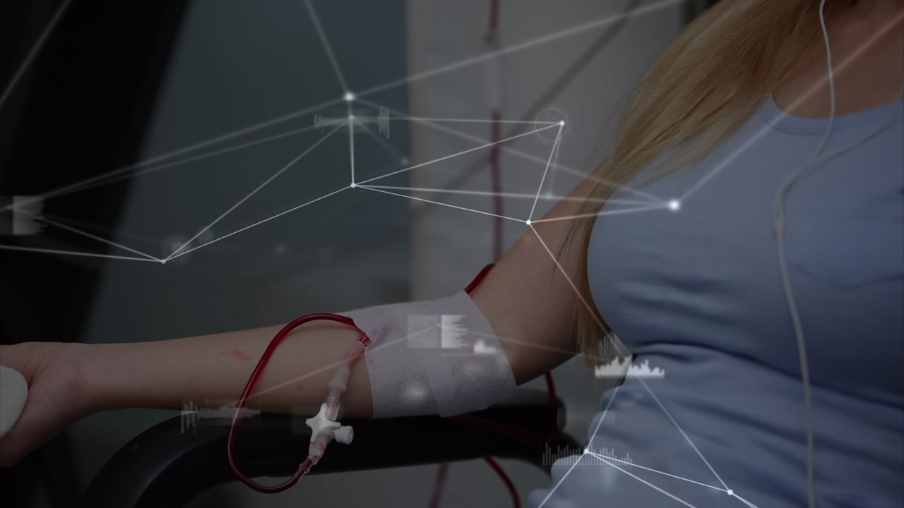 Woman Donating Blood with Digital Data and Network Overlay