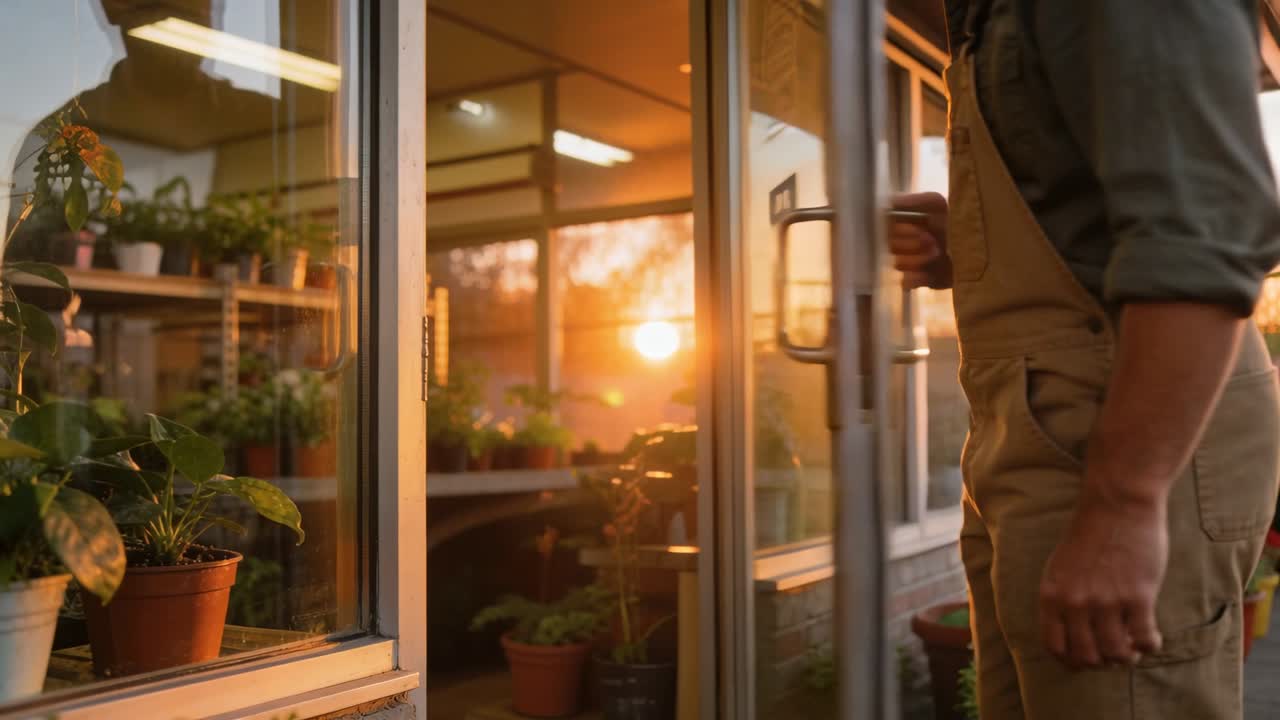 Il proprietario di un negozio di piante sblocca il catenaccio, apre la porta a vetri ed entra per preparare gli allestimenti del tramonto.