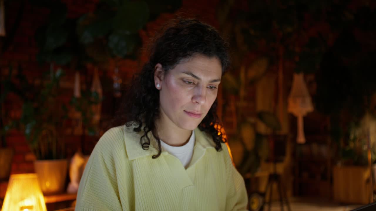 Woman Working on Laptop at Night