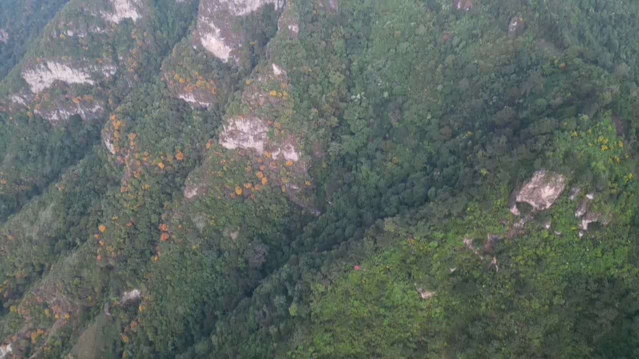 vista de avión no tripulado en guatemala volando sobre el bosque verde en una vista de la cima de la montaña y panorámica para mostrar una montaña de tres picos en un día nublado en aitlan