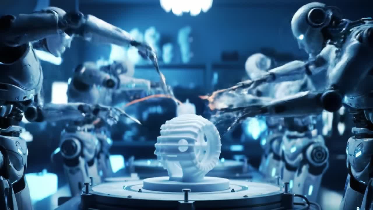 In a futuristic workshop, multiple robots collaborate to construct a complex design. Sparks fly as they skillfully manipulate parts. The dimly lit environment enhances the advanced technology.