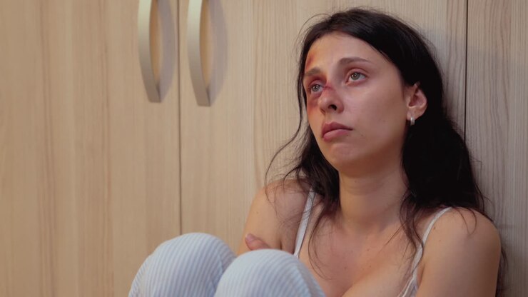 Abused woman sitting on the floor