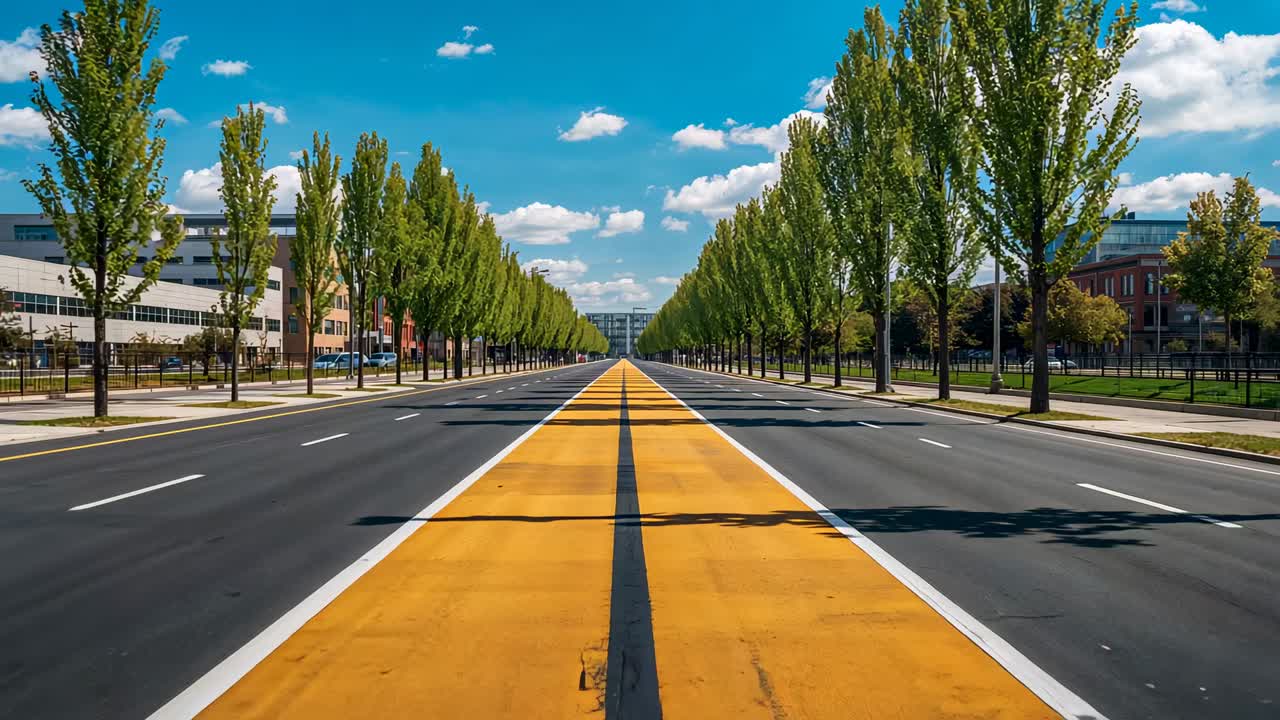 Moving camera advancing down urban boulevard, emphasizing central yellow median with dark stripe