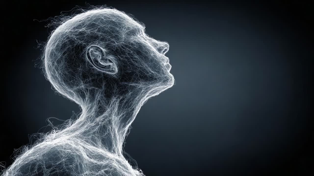 Una straordinaria interpretazione visiva della forma umana: la transizione tra due stati catturata in una luce e una trama eteree che rappresenta l'essenza dell'esistenza
