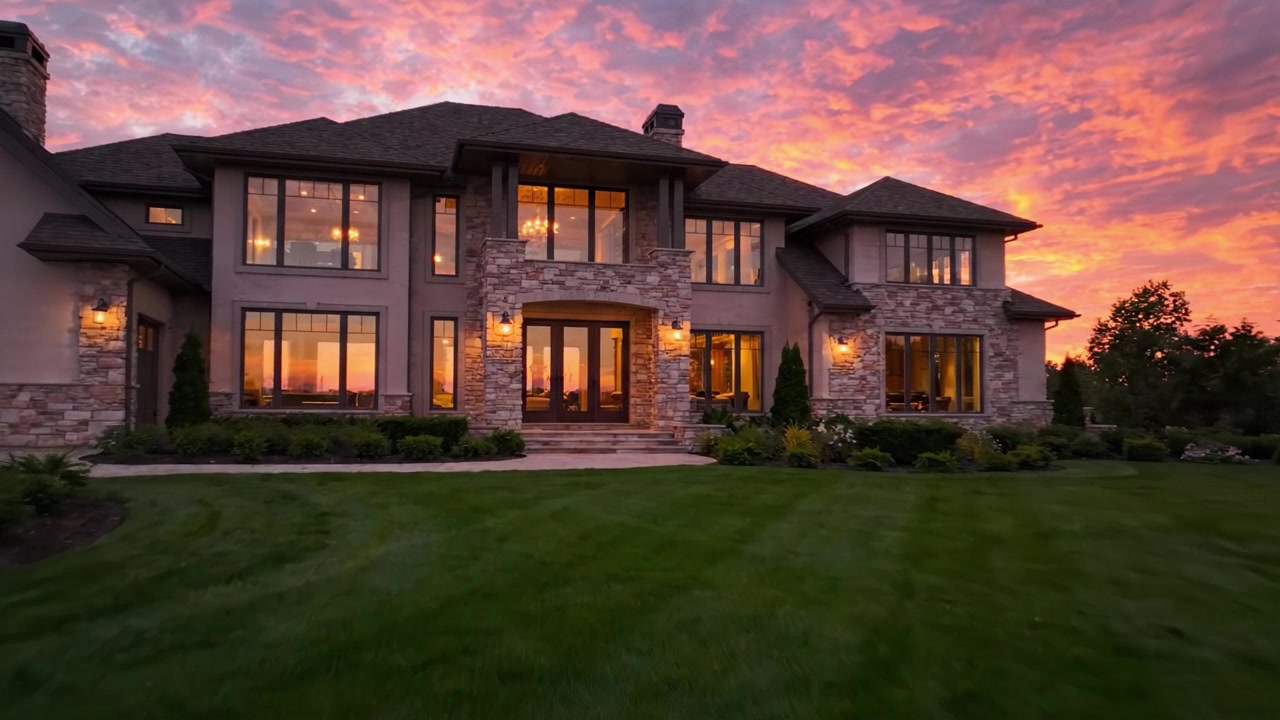 A Stunning Twilight View of an Elegant Family Residence with Expansive Windows and Beautiful Landscaping Amidst a Vibrant Sunset Sky