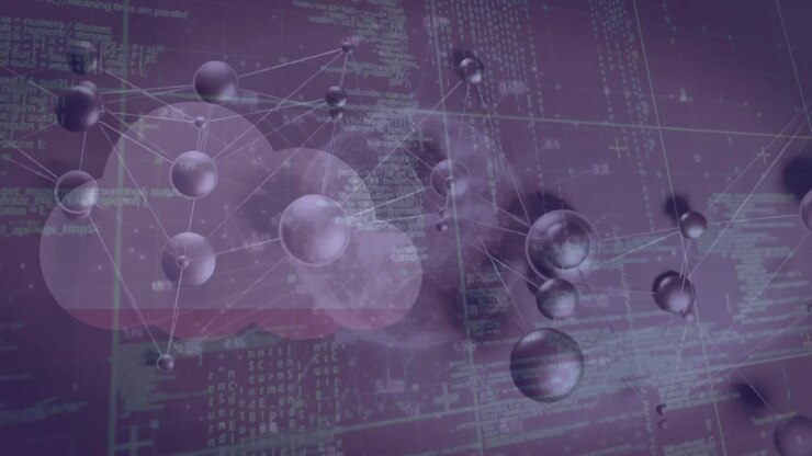 Cloud icon appearing left nodes emerging orbiting pulsing on code grid visualizing data flow