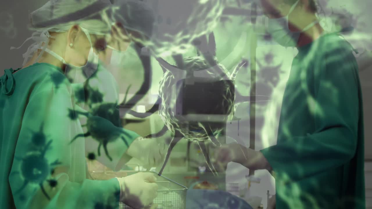 múltiples células de covid-19 flotando contra el equipo de cirujanos que realizan cirugías en el hospital