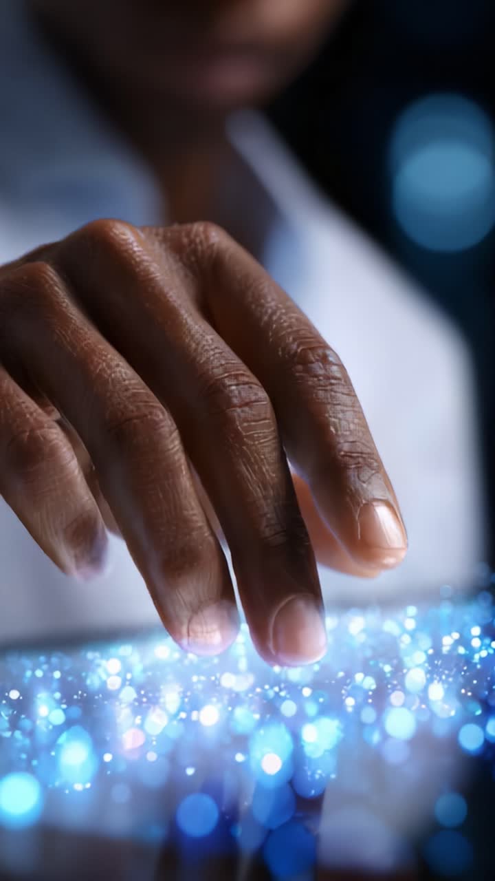 A close-up view of a hand interacting with a glowing interface, showcasing digital technology with luminous particles and a sense of advanced innovation