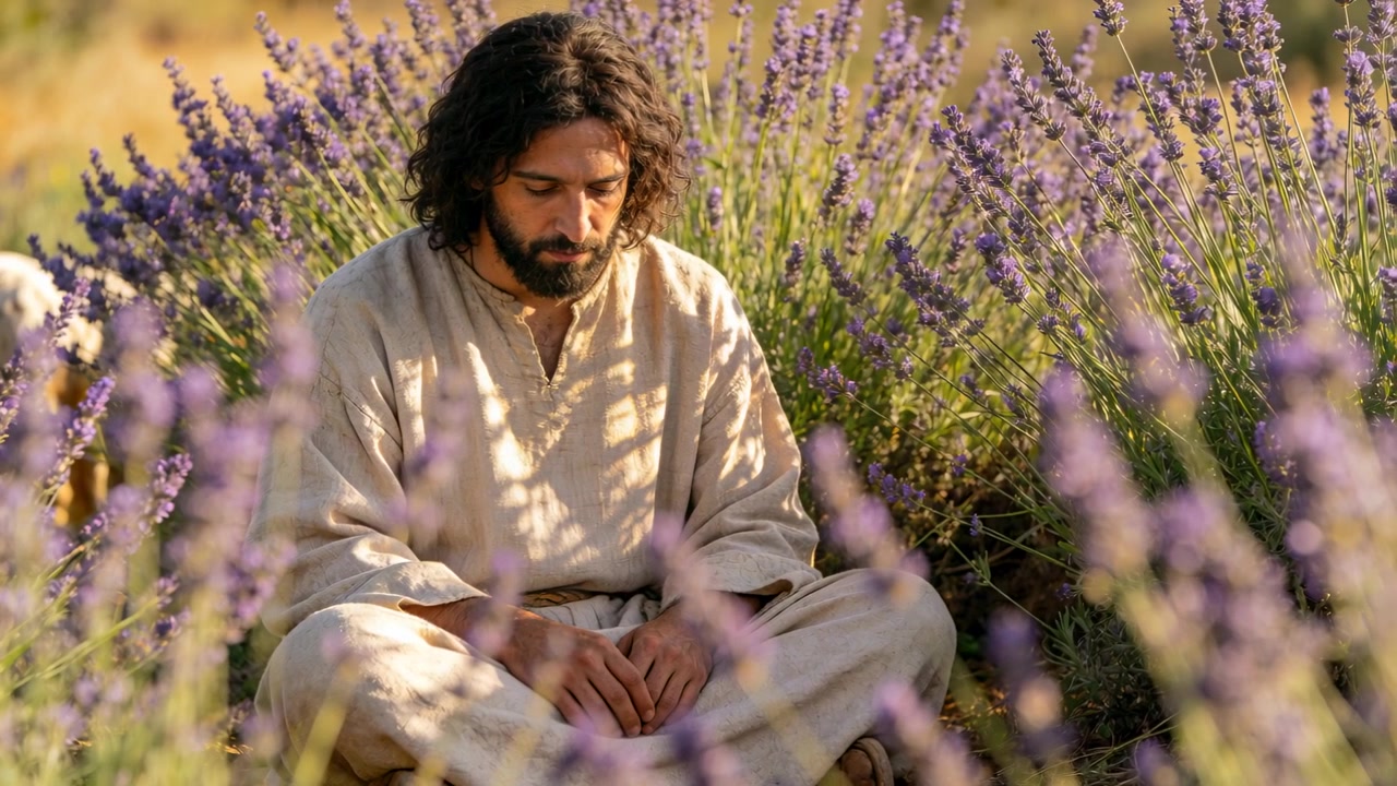 Recording man sitting cross-legged meditating in lavender field, wearing light tunic and trousers