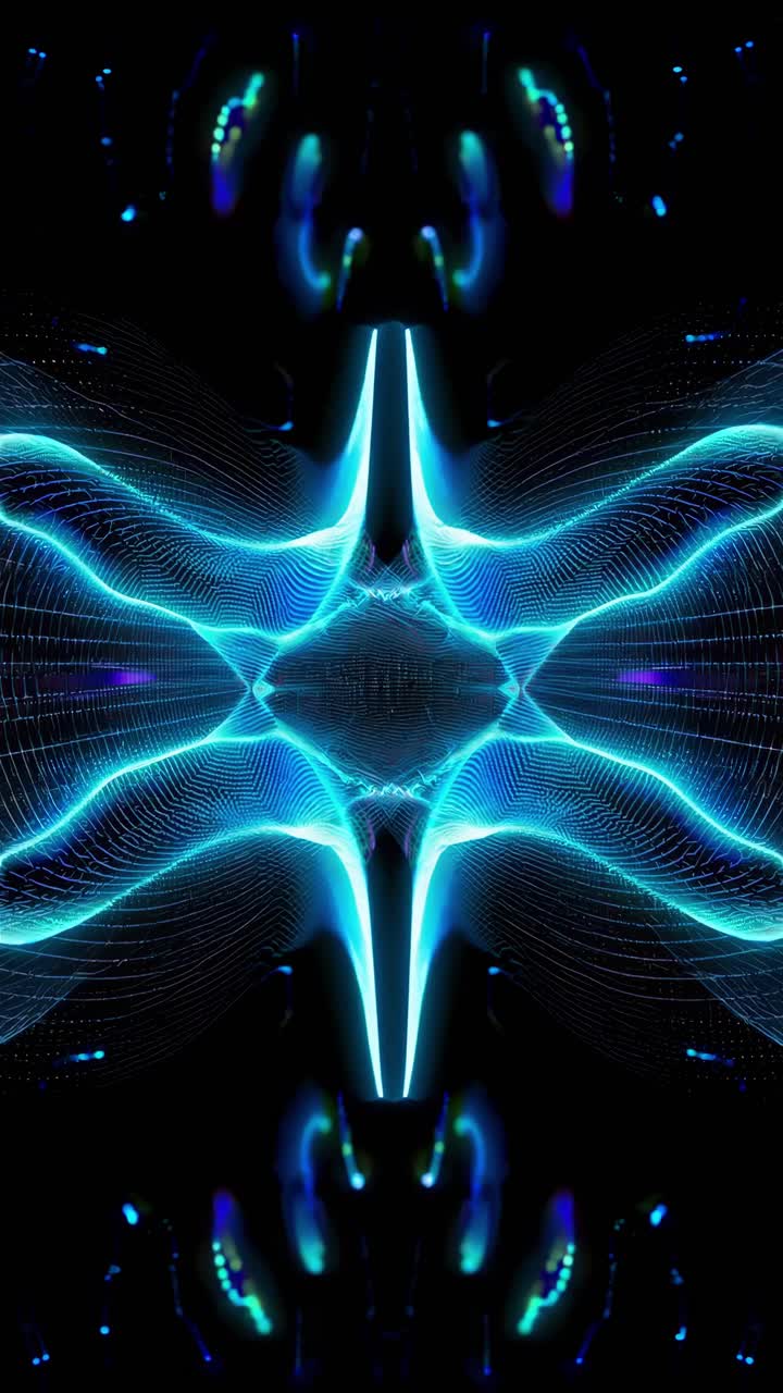 Abstract video art with neon blue waves and mirrored symmetry
