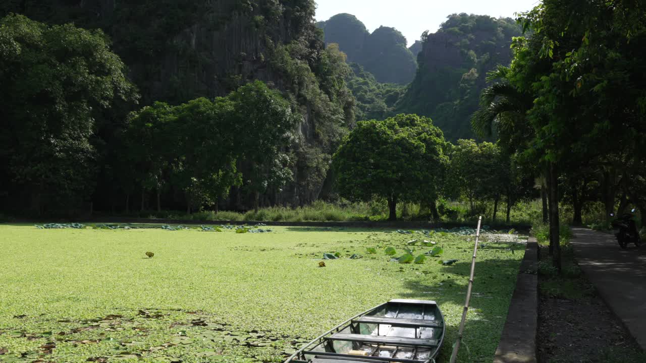 A traditional sampan moored on a lotus pond below limestone cliffs in Ninh Binh, Vietnam, framed by tropical trees and serene valley scenery, upward pan shot