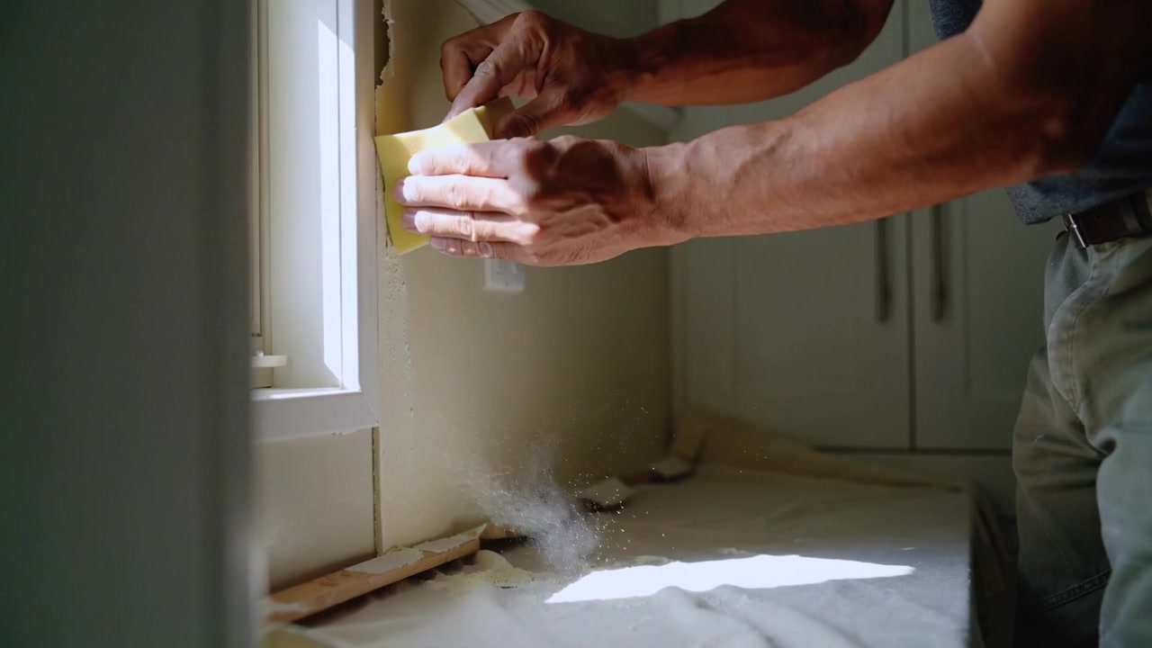Sanding man in dark tee, khakis working on counter with yellow sponge preparing trim for paint