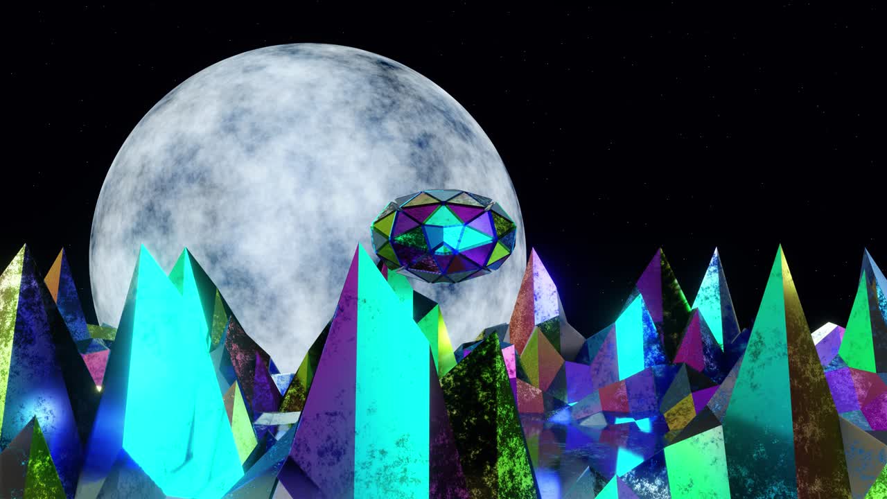 멀리 떨어진 은하계에 있는 알려지지 않은 환상적인 행성의 네온 산들 사이를 날아다니는 ufo의 vj 루프 애니메이션