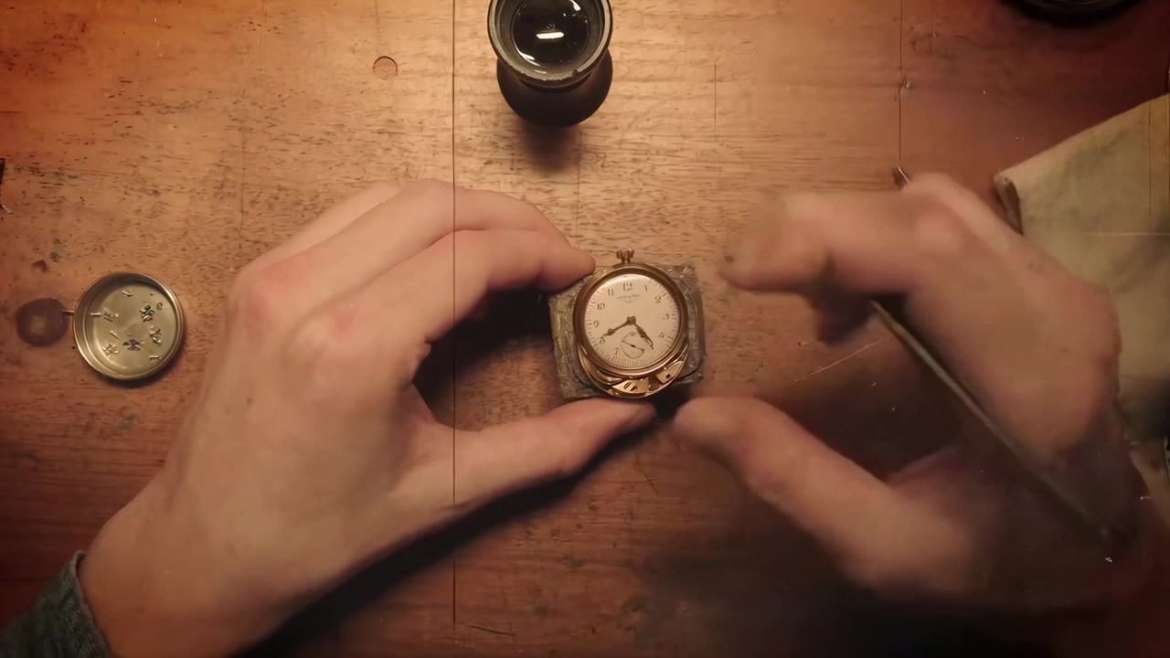 Watchmaker Assembling Vintage Pocket Watch Movement on Wooden Workbench