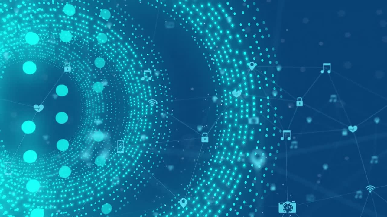 animación de puntos que forman un túnel circular sobre íconos conectados contra un fondo azul