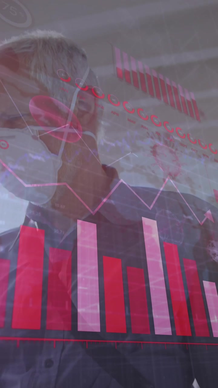 Animation of data processing over senior man wearing face mask