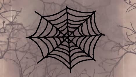 animation of halloween spiders web over branches on beige background