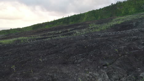 flight over dried lava volcanic landscape on reunion island