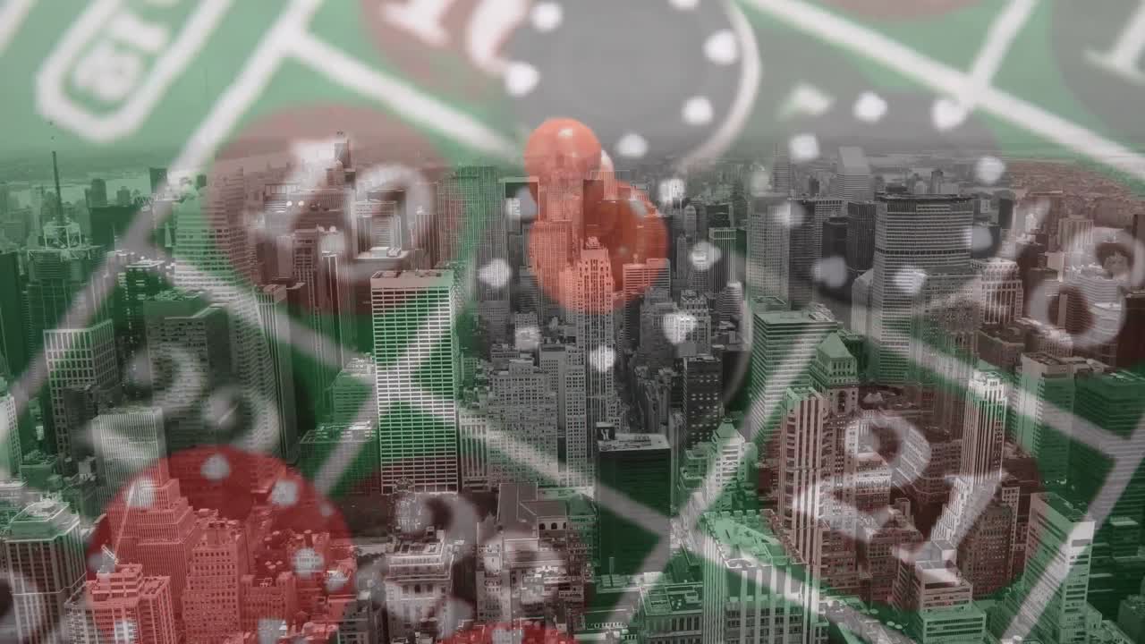 도시 풍경 위에서 게임 카드와  ⁇ 의 애니메이션