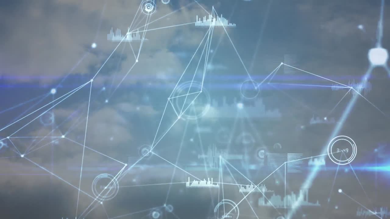 구름이 있는 하늘 위의 연결 네트워크의 애니메이션