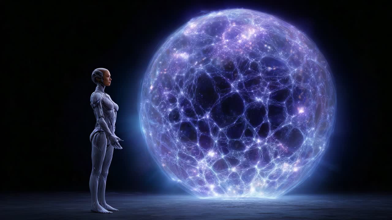 Une silhouette humanoïde futuriste se tient, admirative, devant un globe cosmique lumineux, entourée de réseaux complexes d’énergie et de lumière dans un royaume de mystère transcendant.