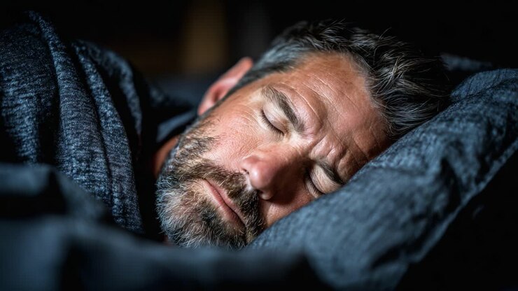 Un Momento Sereno di Riposo: Catturare il Sonno Pacifico di un Uomo Avvolto in una Morbida Coperta, Mostrando Tranquillità e Calma nella Sua Espressione