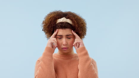 stress, thinking and face of woman in studio