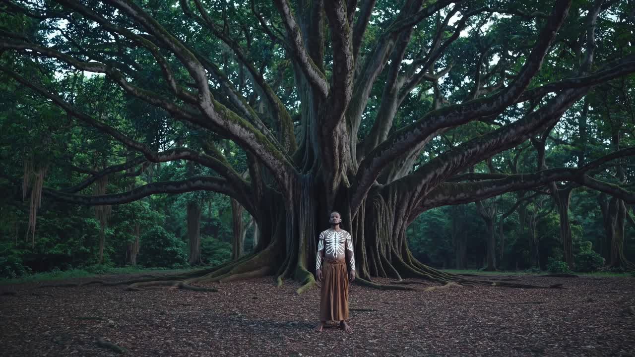 Indigenous man adorned with traditional body paint stands beneath a giant sacred tree in a lush forest, embodying the spiritual connection between humanity and nature