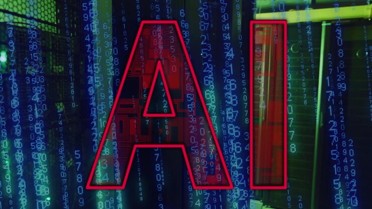 Animazione di testo AI ed elaborazione dati su server informatici.