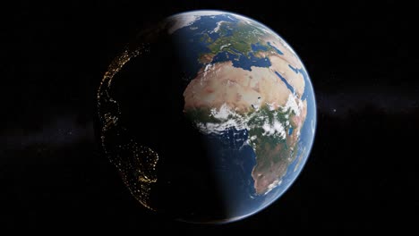 a beautiful view of earth transitioning from day to night, showcasing the diverse landscapes and illuminated landmasses in stunning detail over our planet