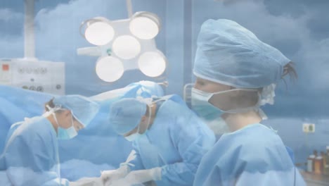 Digital-composition-of-portrait-of-caucasian-female-surgeon-at-hospital-against-clouds-in-the-sky