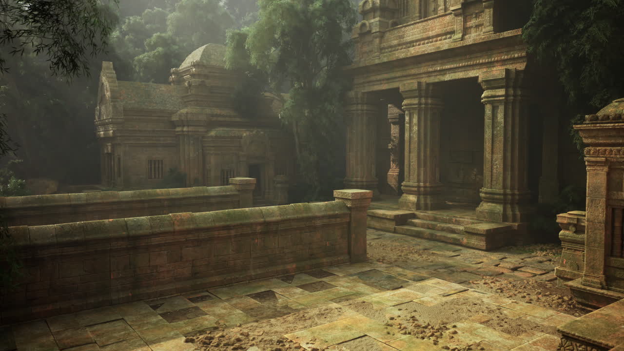 Ancient temple ruins among lush greenery under soft sunlight