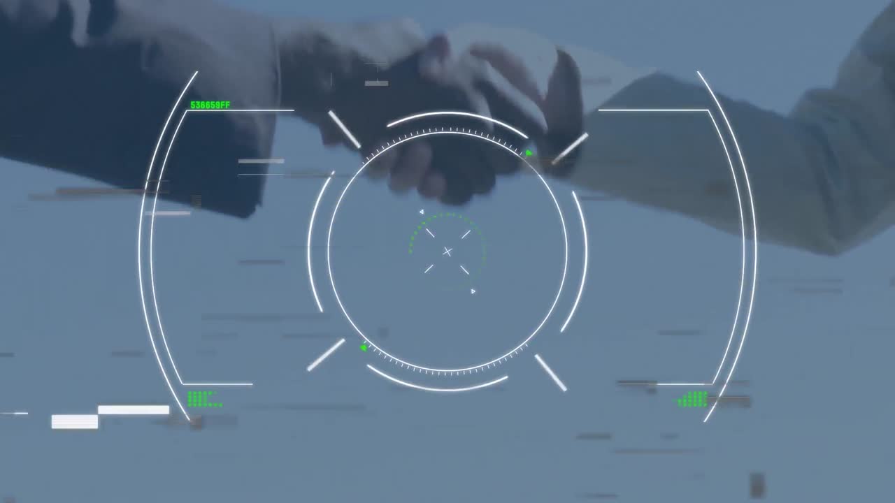 비즈니스맨과 비즈니스맨이 손을 흔드는 중간 섹션에 대한 스캔 범위 이상의 오류 효과