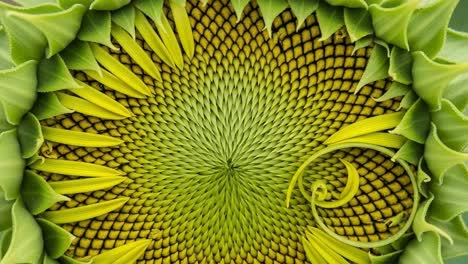 intricate patterns and spirals in a sunflower center showing the natural design of petals and seeds in vivid green and yellow tones