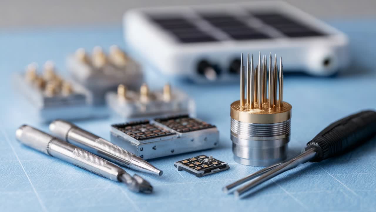 Close-up of Precision Tools and Components for Electronics Assembly, Featuring High-Tech Probes, Chip Modules, and Specialized Equipment on a Blue Background