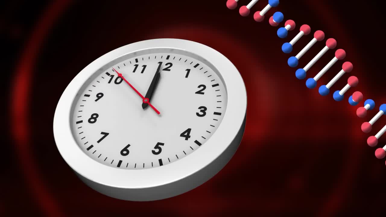 빨간색과 검은색 바탕에 dna 가닥을 가로질러 움직이는 시계의 애니메이션