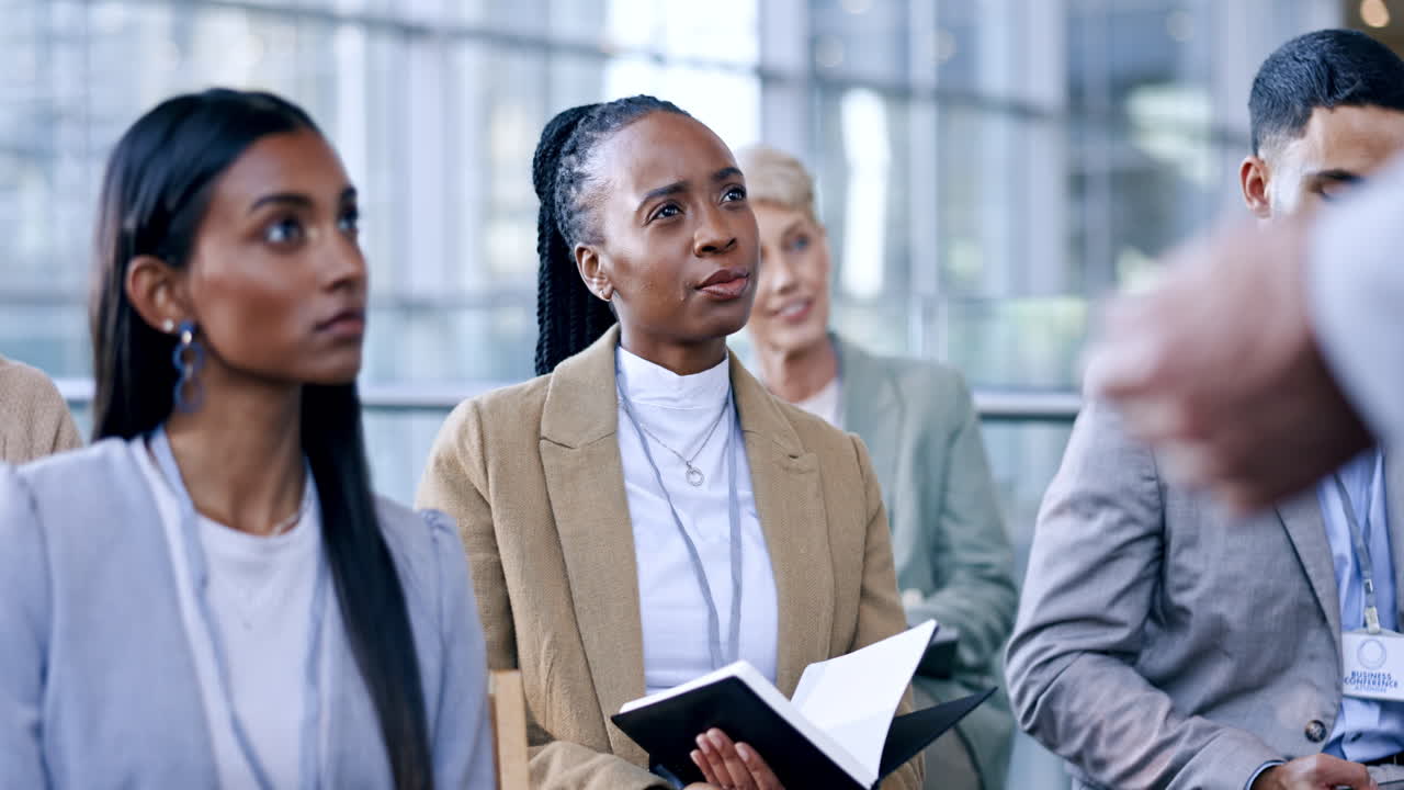 Learning, question or business people in seminar