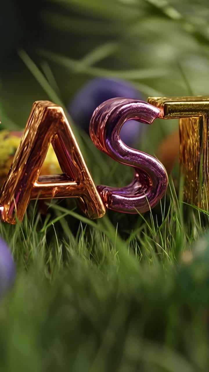 Uova e lettere pasquali colorate circondate da erba verde fresca, che evidenziano l'atmosfera giocosa e gioiosa della stagione con vivaci colori primaverili.